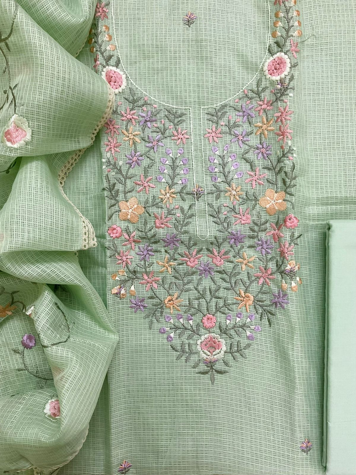 Soft Kota Silk Embroidered Suit - Green