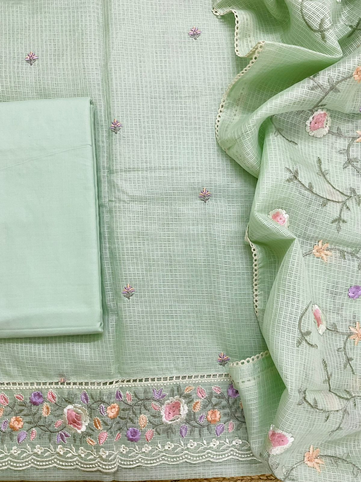 Soft Kota Silk Embroidered Suit - Green