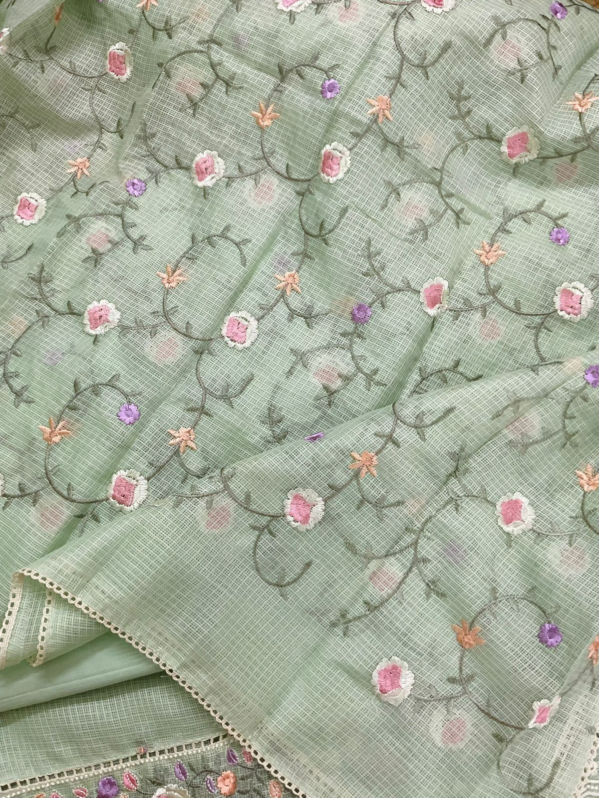 Soft Kota Silk Embroidered Suit - Green