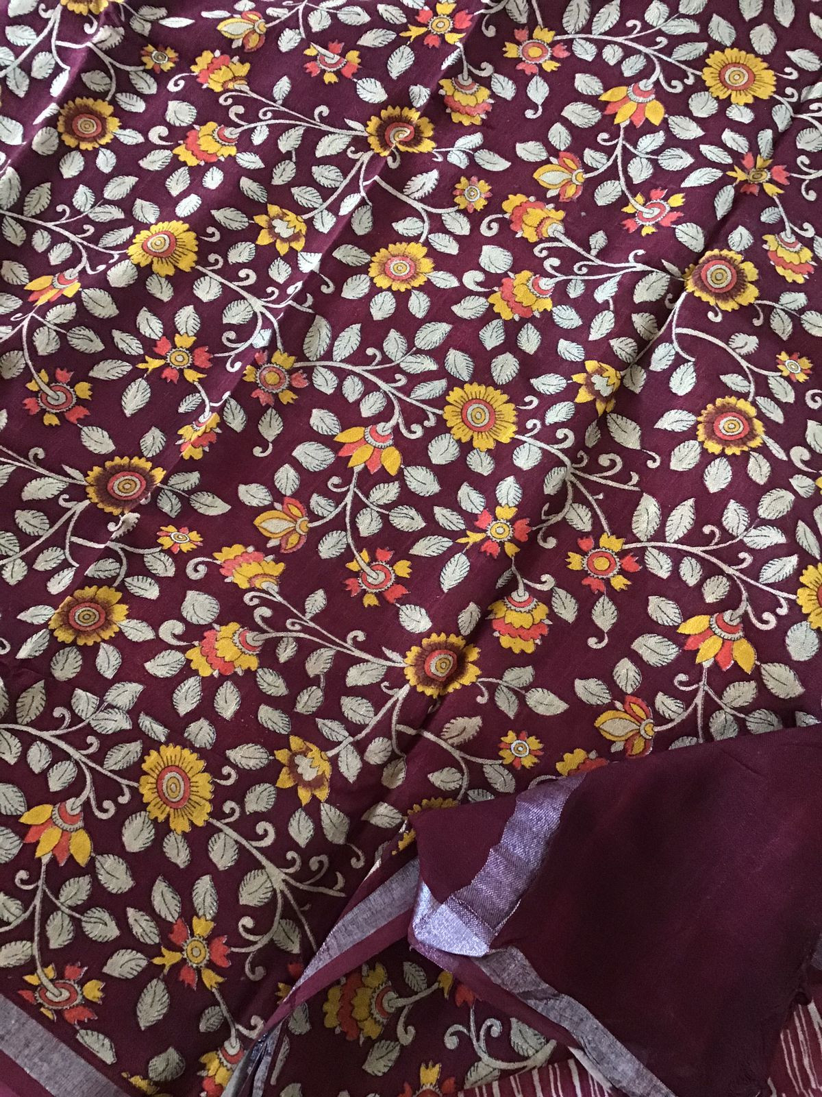 Pure Linen Jute Cotton Printed Suit - Maroon