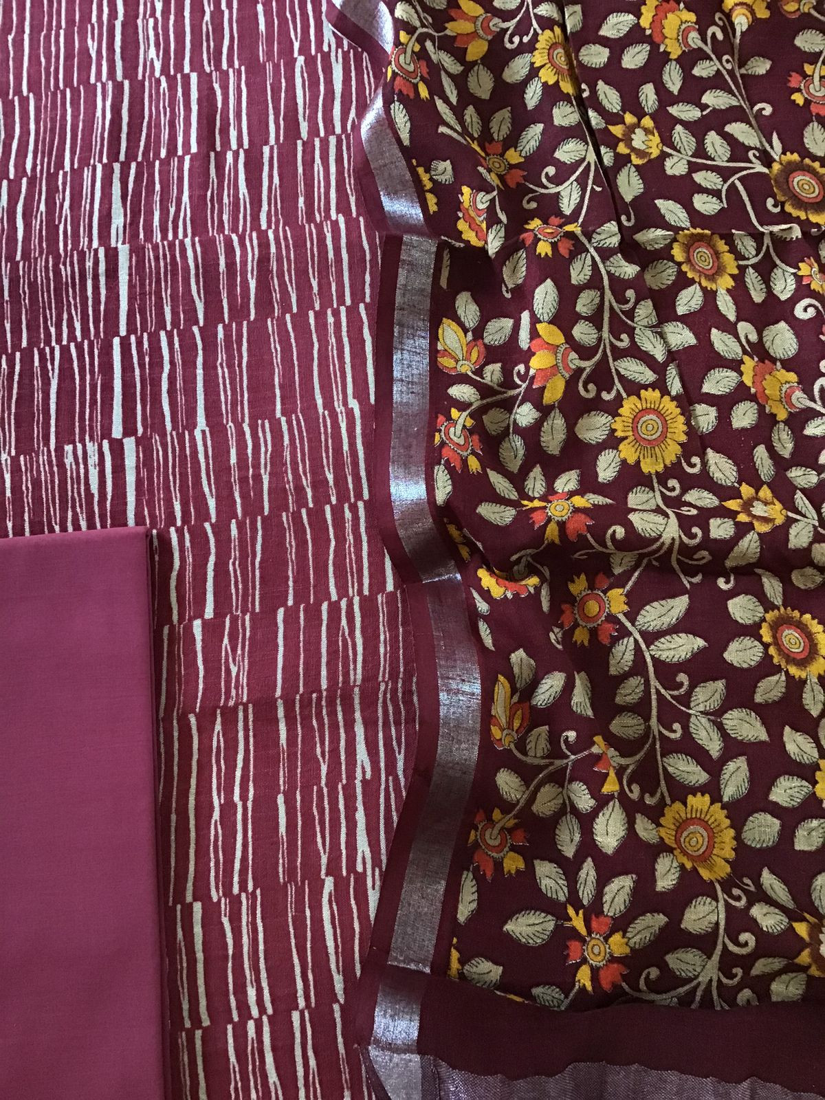 Pure Linen Jute Cotton Printed Suit - Maroon