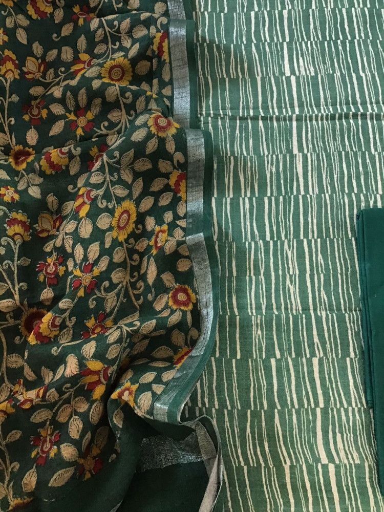 Image of Pure Linen Jute Cotton Printed Suit - Green