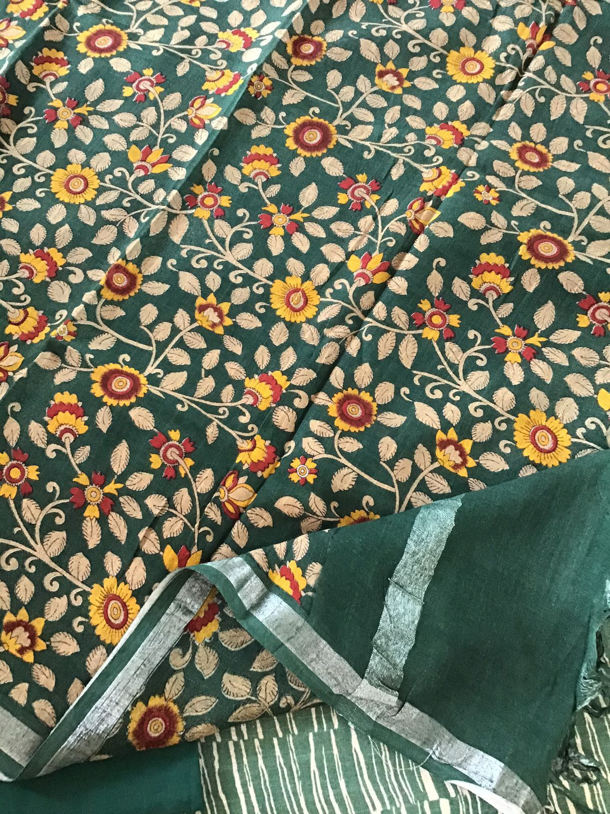 Pure Linen Jute Cotton Printed Suit - Green