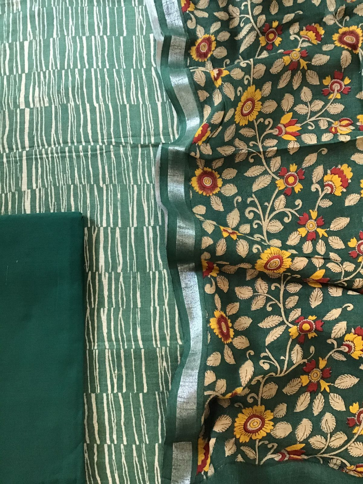 Pure Linen Jute Cotton Printed Suit - Green