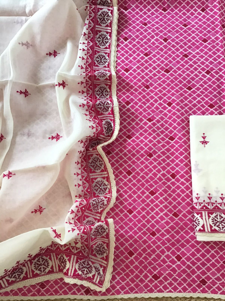 Image of Pure Muslin Silk Banarasi Weaved Suit - Pink