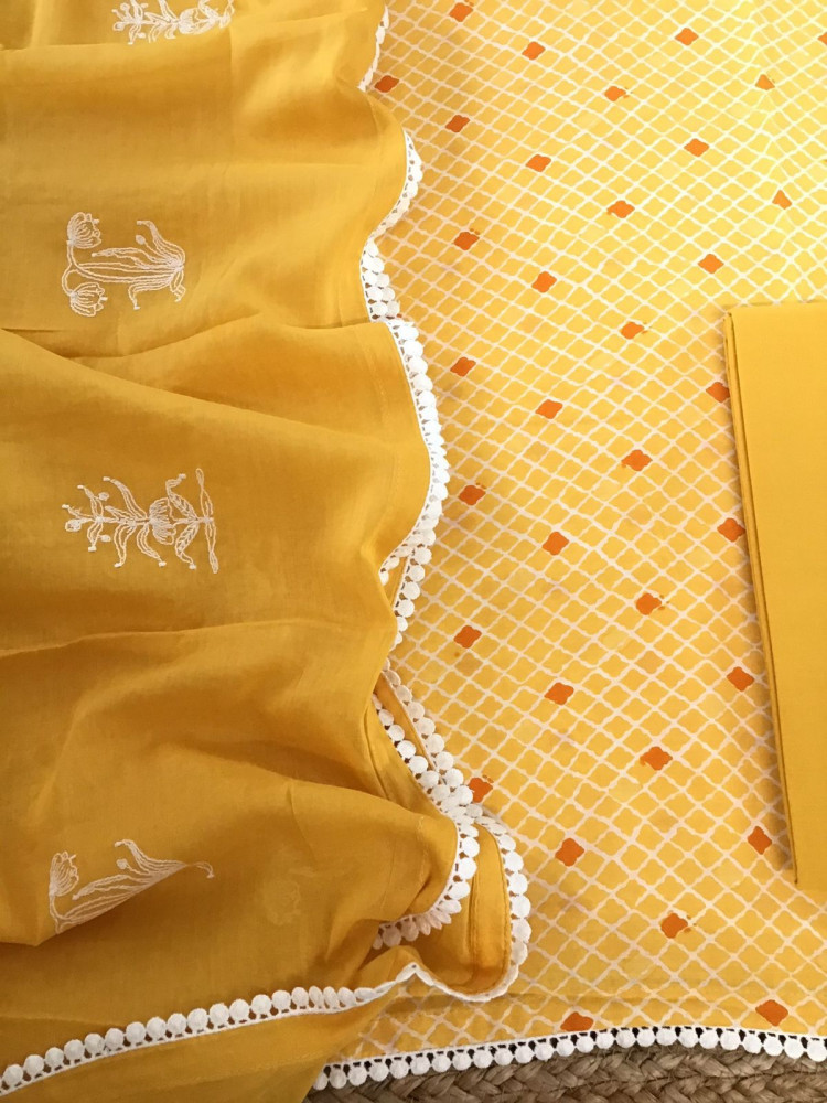 Image of Pure Muslin Silk Banarasi Weaved Suit - Yellow