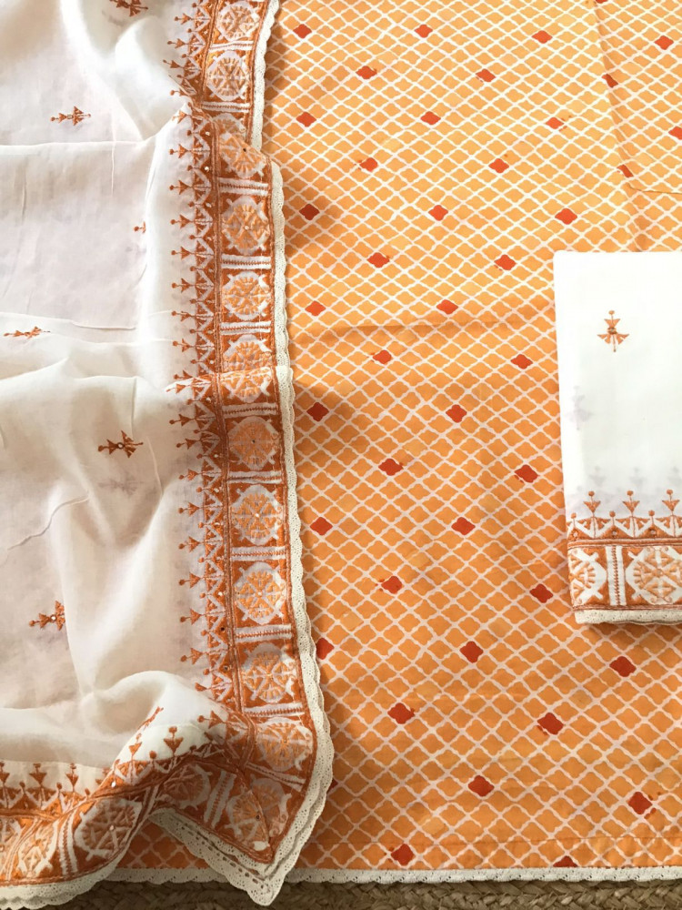 Image of Pure Muslin Silk Banarasi Weaved Suit - Orange