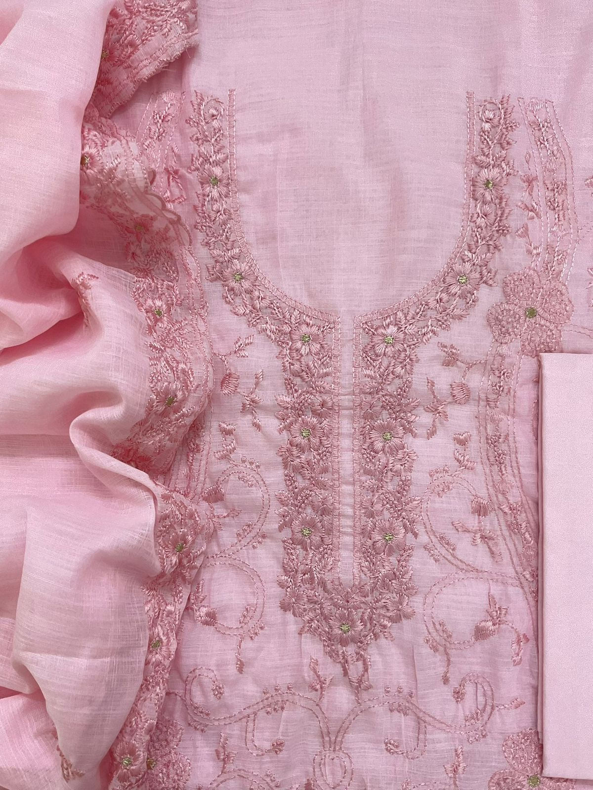 Soft Linen Jute Cotton Embroidered Suit - Pink