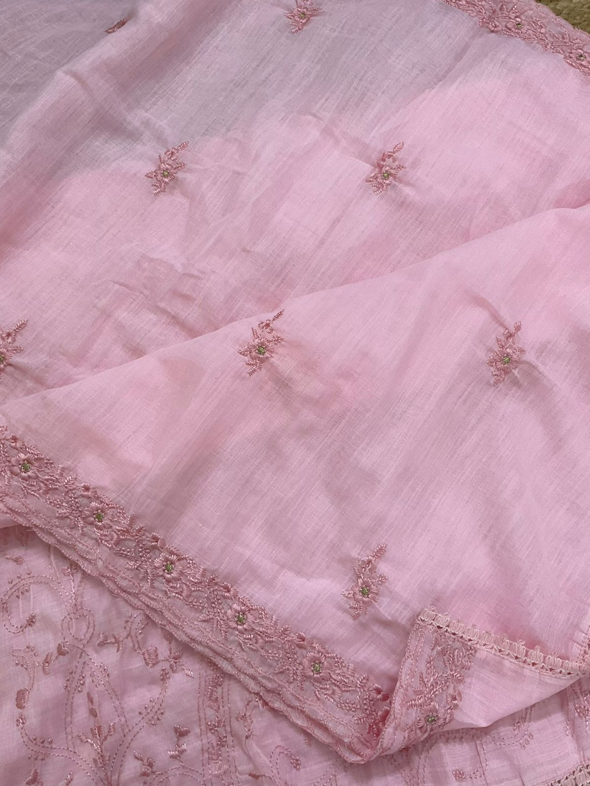 Soft Linen Jute Cotton Embroidered Suit - Pink