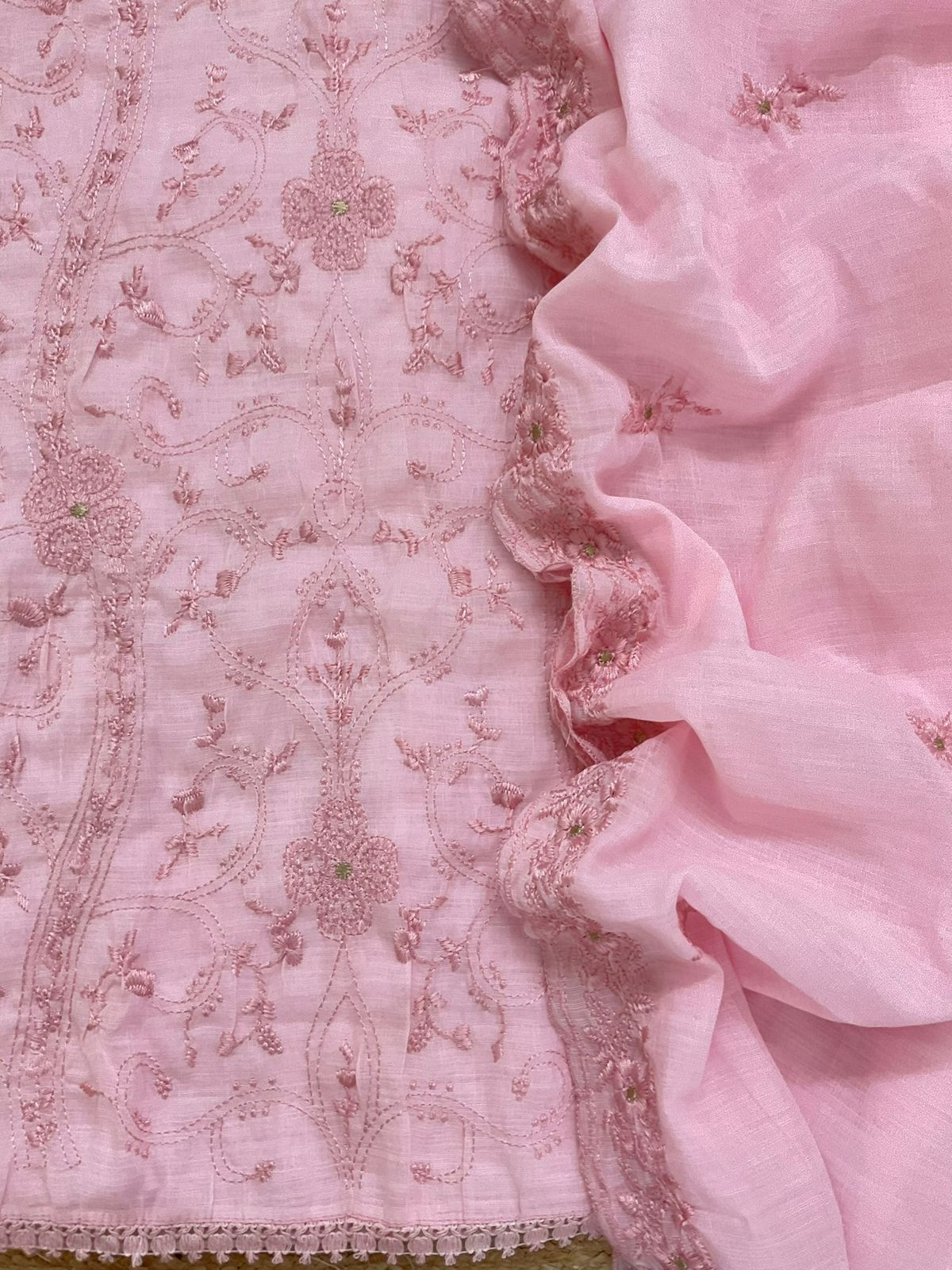 Soft Linen Jute Cotton Embroidered Suit - Pink