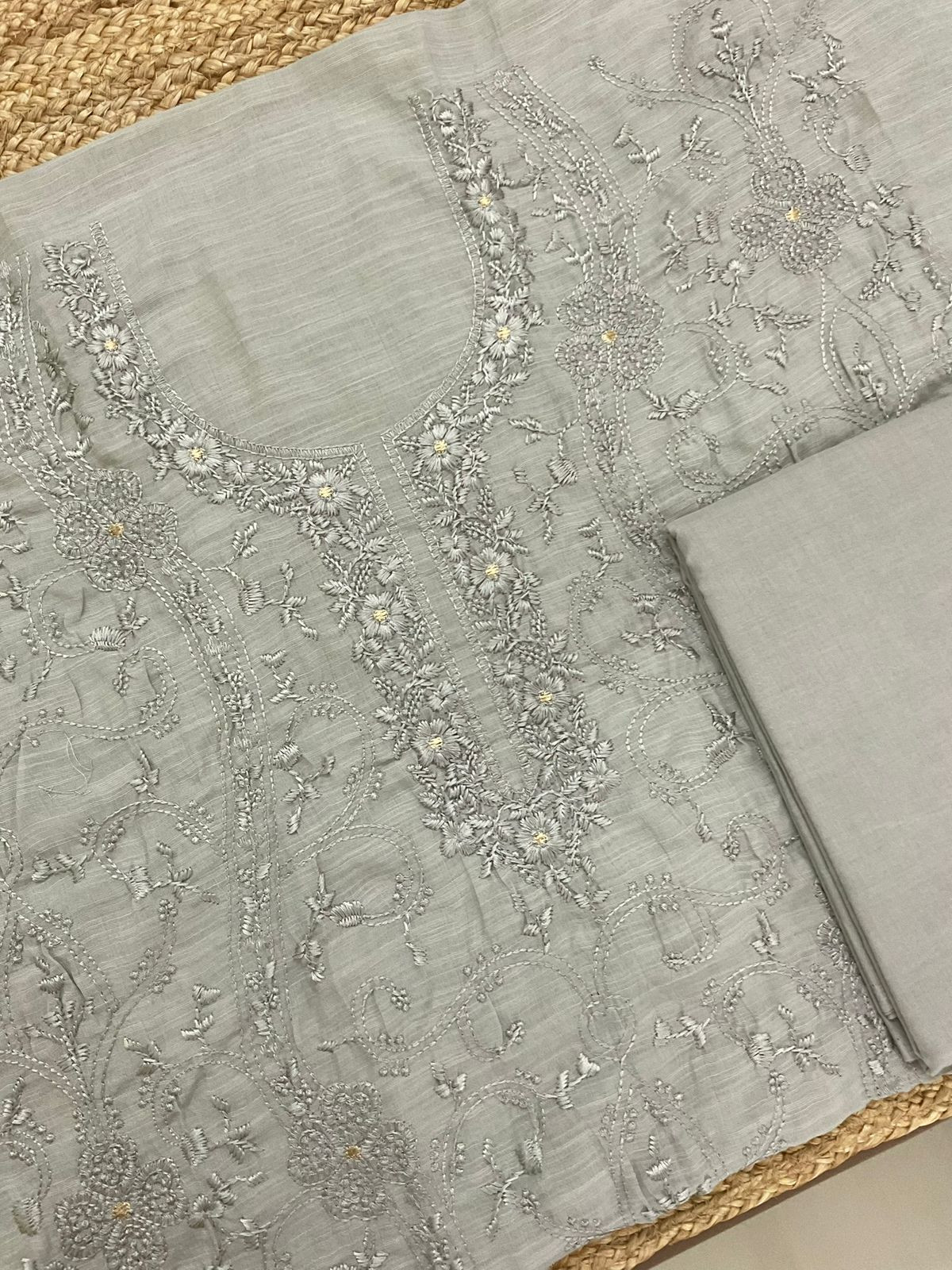 Soft Linen Jute Cotton Embroidered Suit - Grey