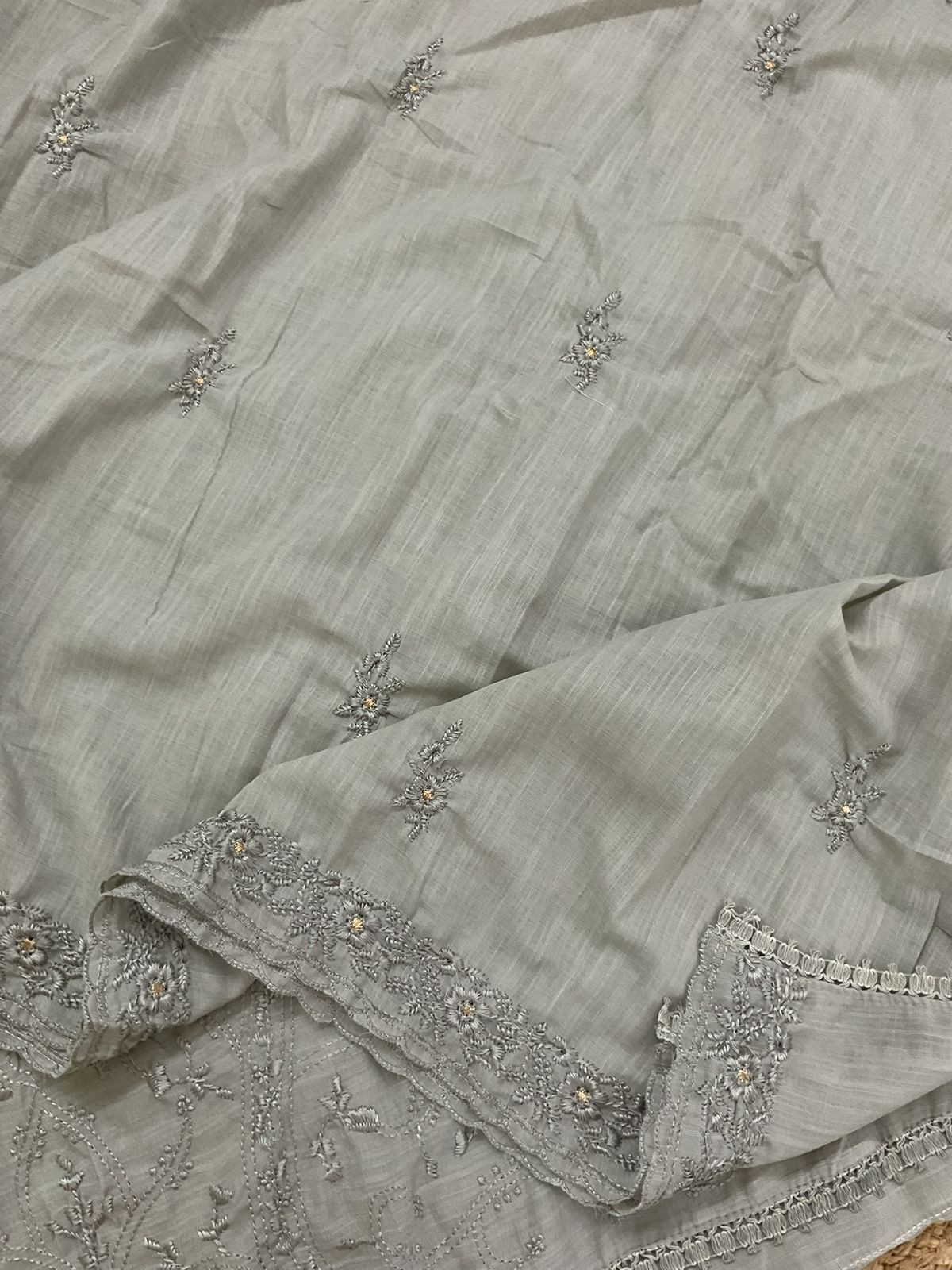 Soft Linen Jute Cotton Embroidered Suit - Grey