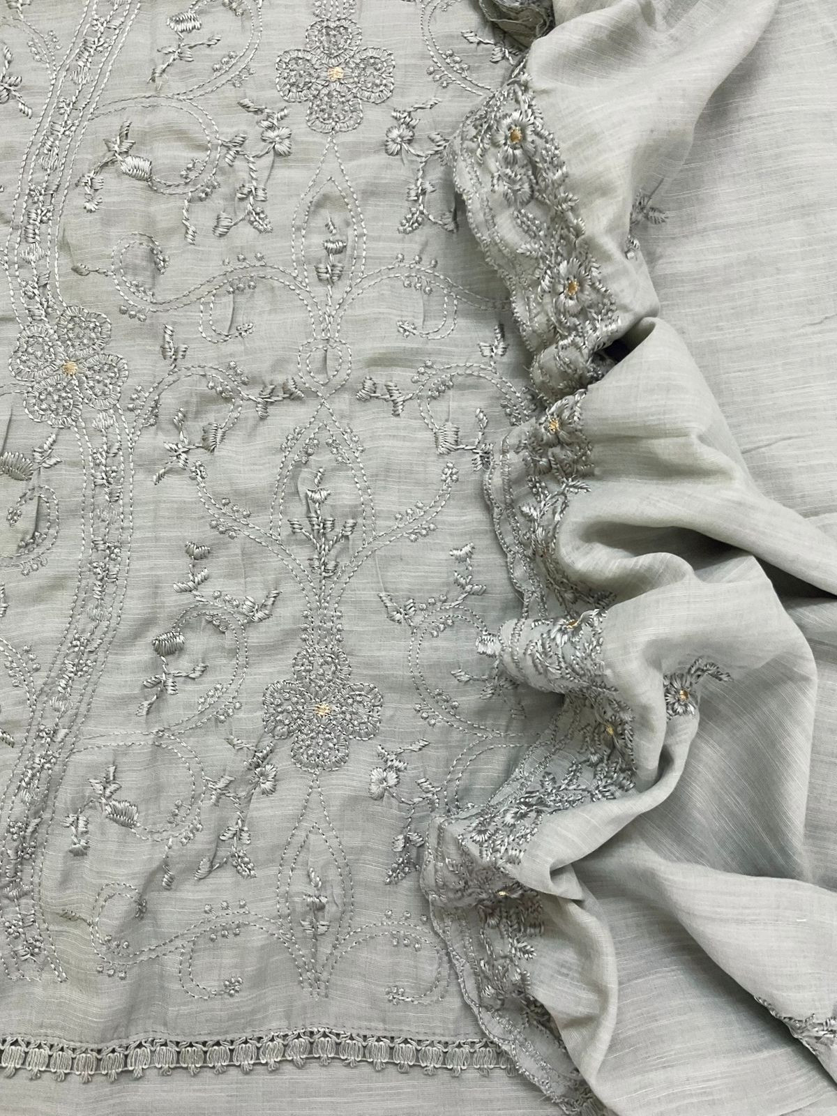 Soft Linen Jute Cotton Embroidered Suit - Grey