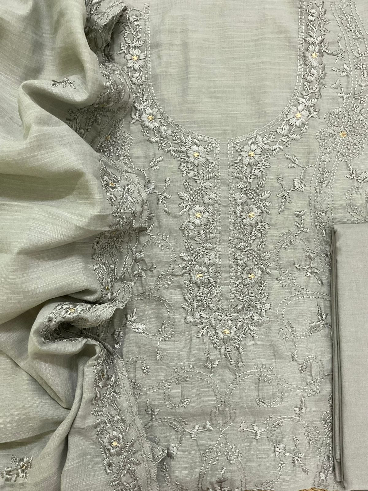 Soft Linen Jute Cotton Embroidered Suit - Grey