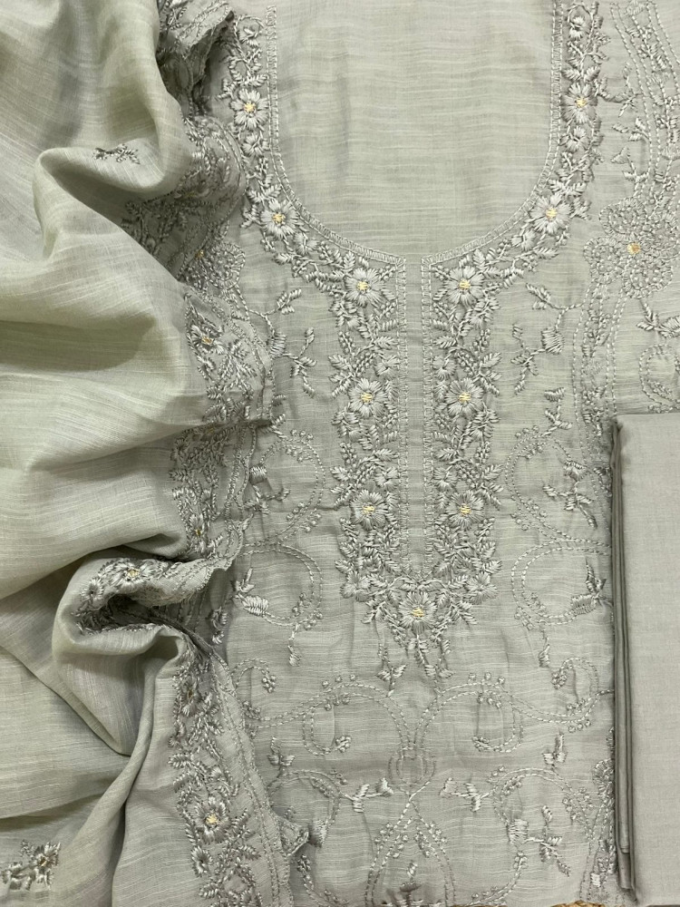 Image of Soft Linen Jute Cotton Embroidered Suit - Grey