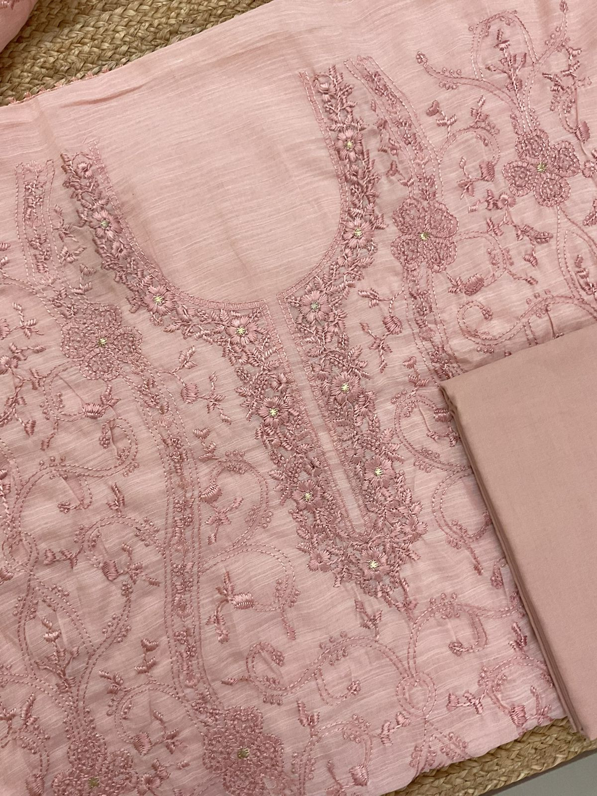 Soft Linen Jute Cotton Embroidered Suit - Peach