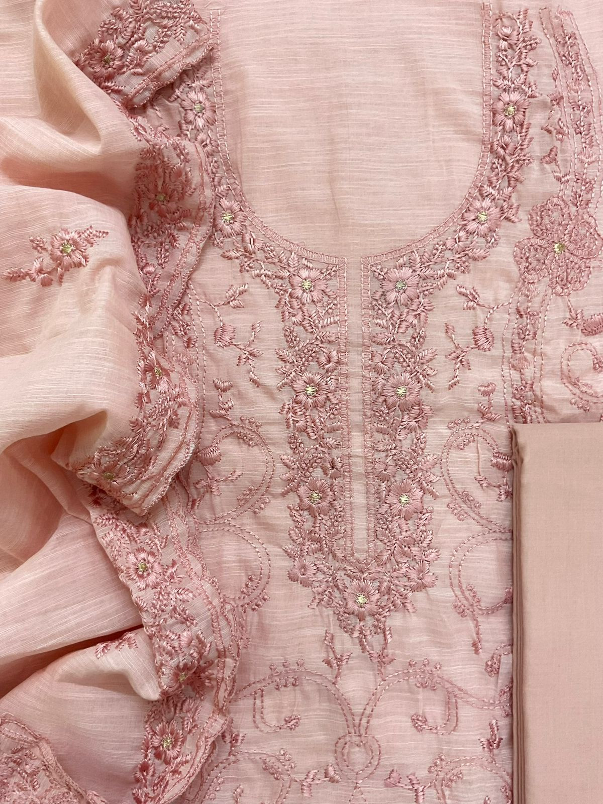 Soft Linen Jute Cotton Embroidered Suit - Peach