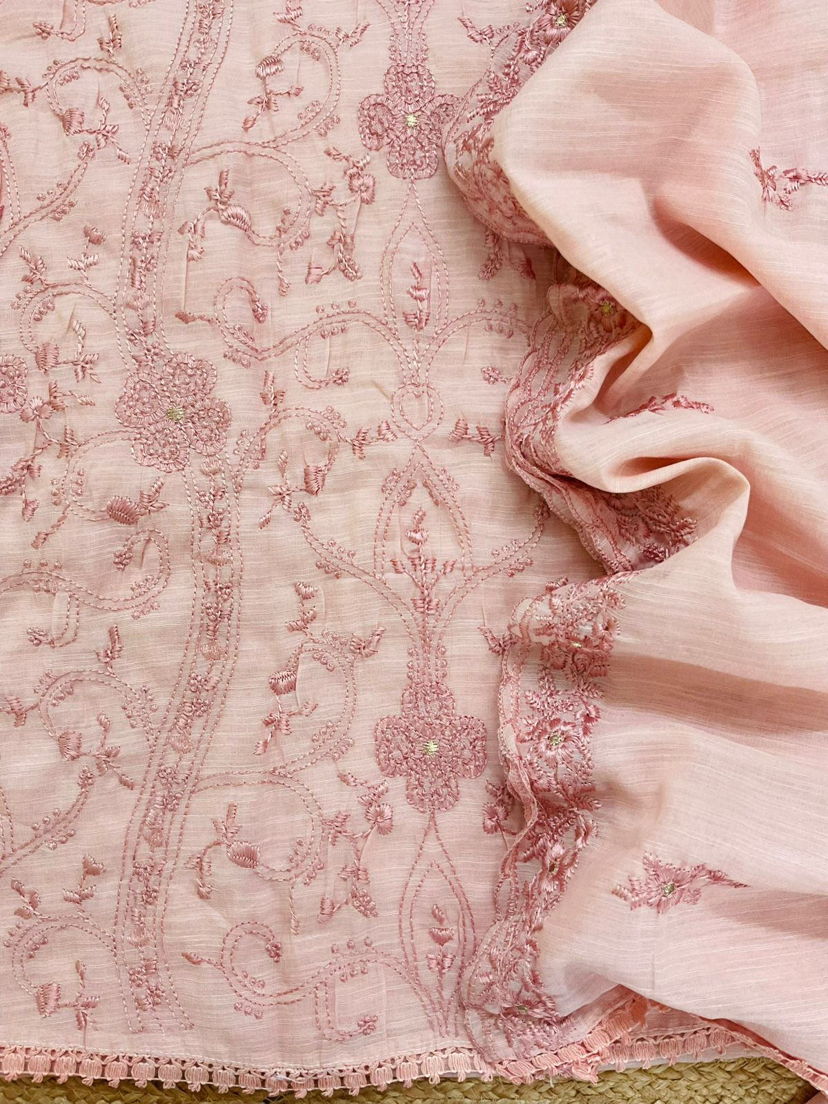 Soft Linen Jute Cotton Embroidered Suit - Peach