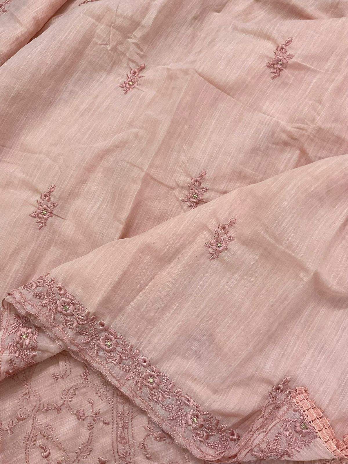 Soft Linen Jute Cotton Embroidered Suit - Peach