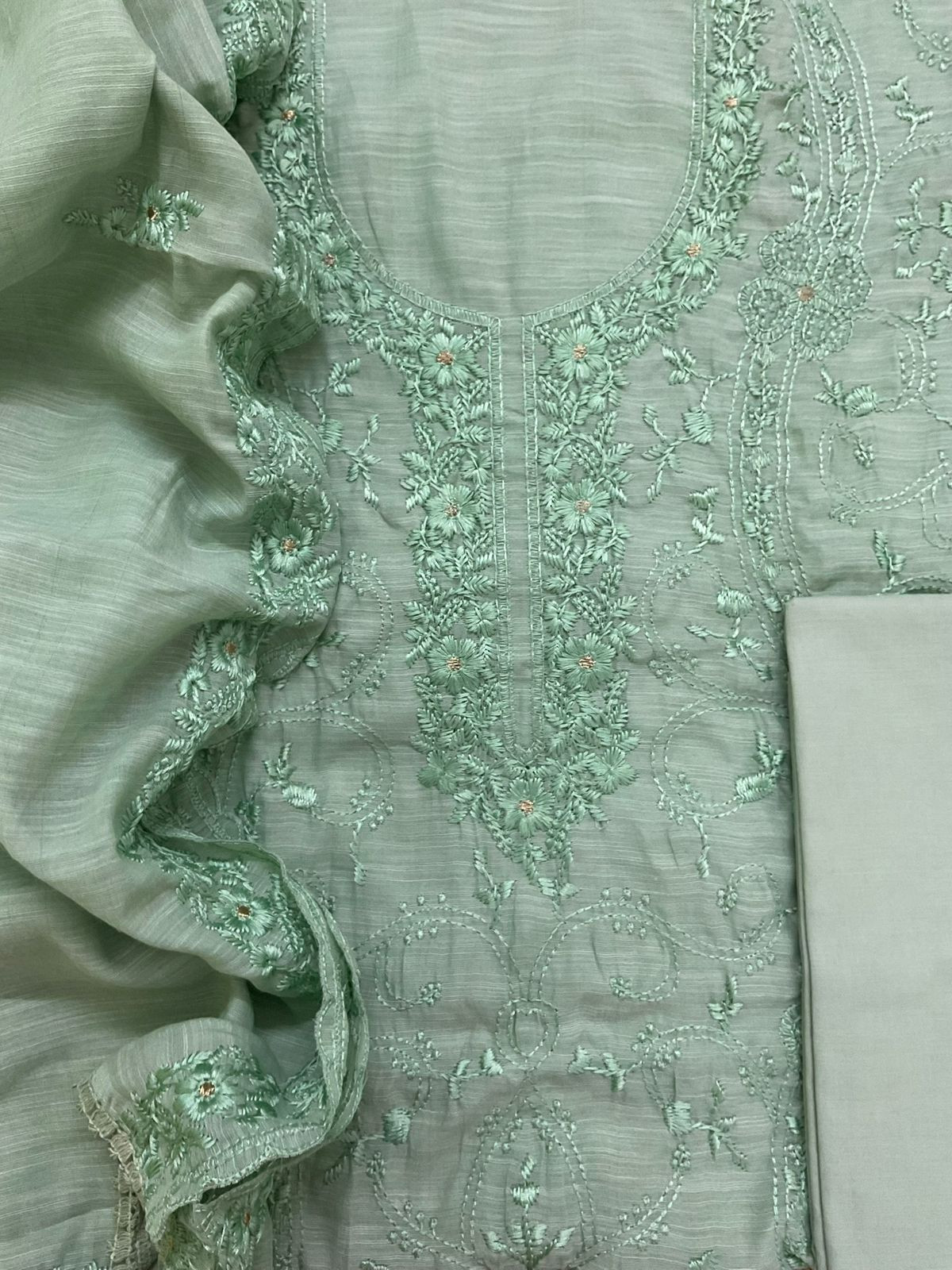 Soft Linen Jute Cotton Embroidered Suit - Green