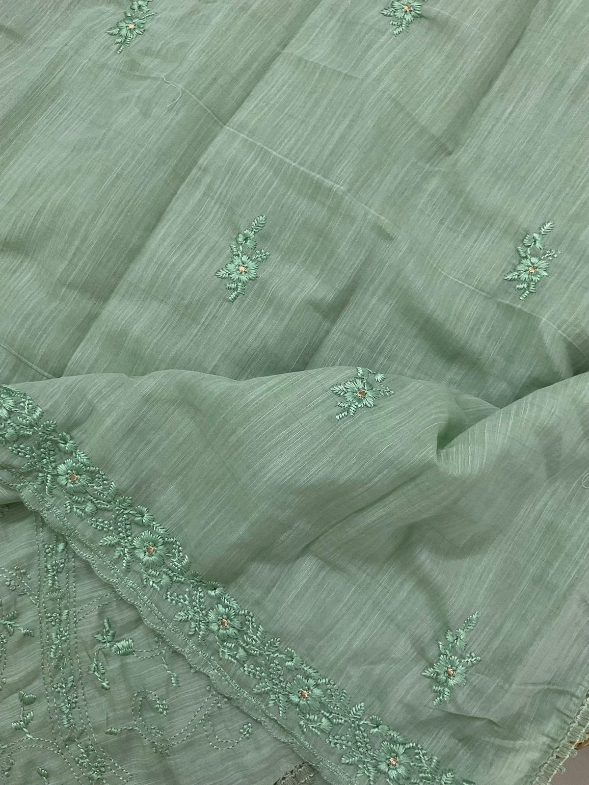 Soft Linen Jute Cotton Embroidered Suit - Green
