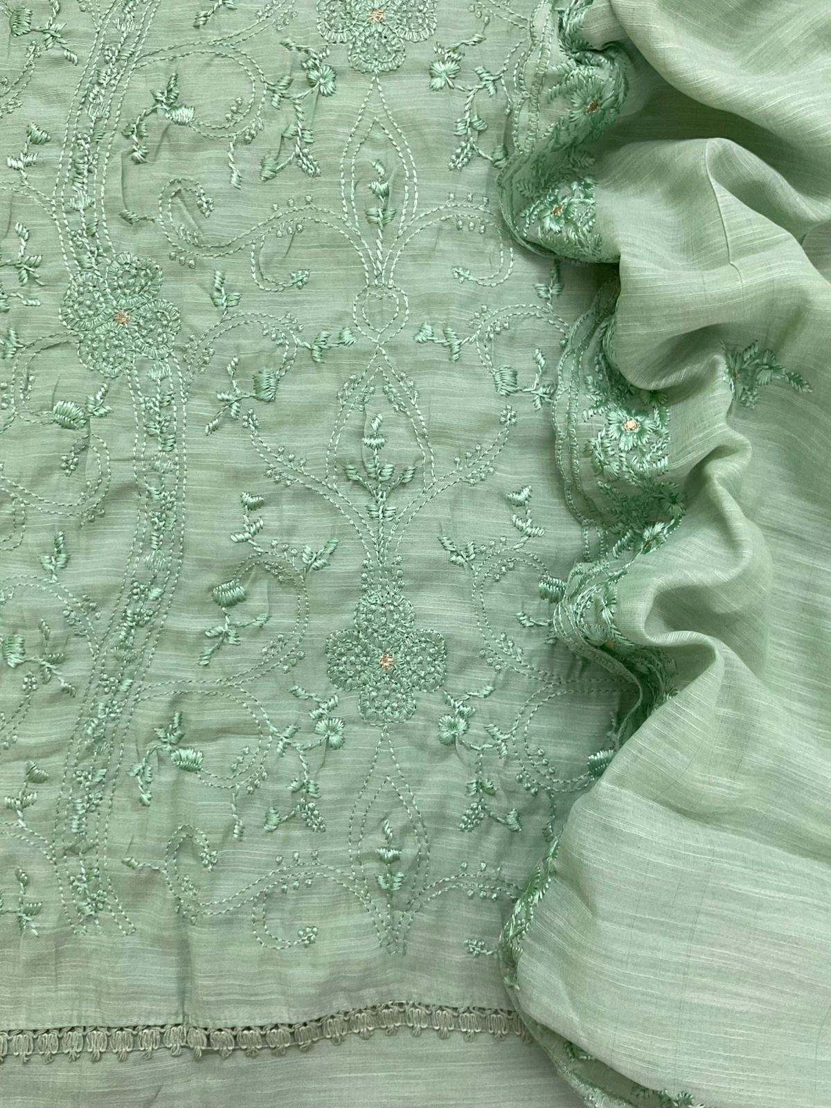 Soft Linen Jute Cotton Embroidered Suit - Green