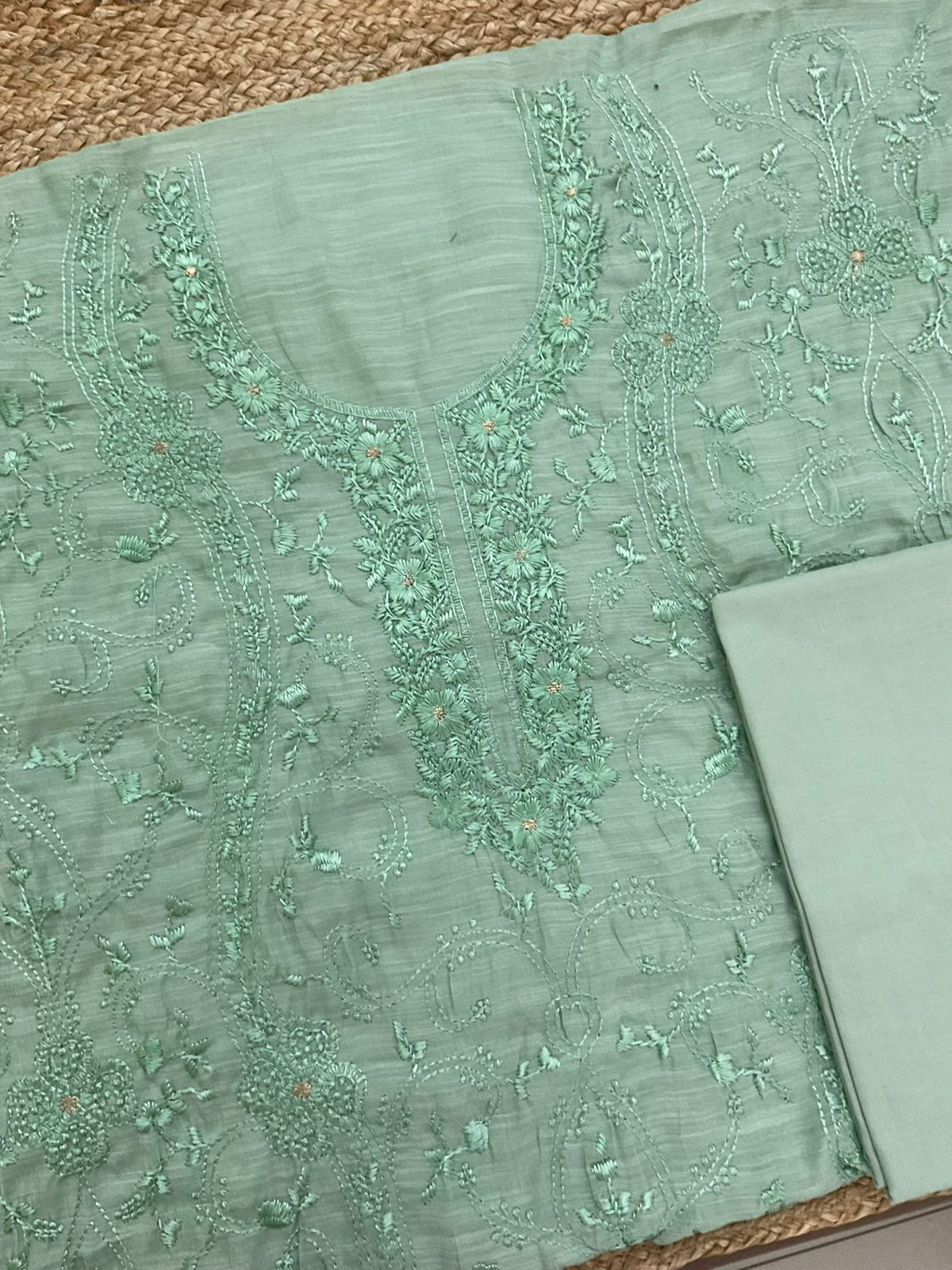 Soft Linen Jute Cotton Embroidered Suit - Green
