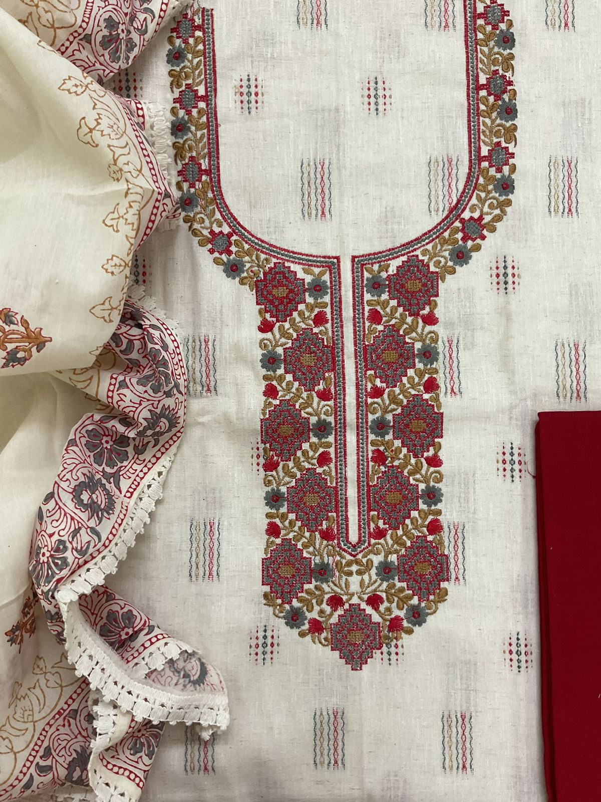 Pure Handloom Cotton Self Weaved Embroidered Suit - Off White