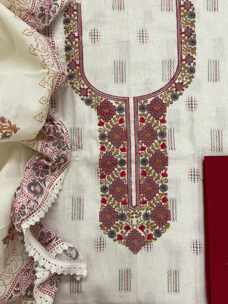 Image of Pure Handloom Cotton Self Weaved Embroidered Suit - Off White