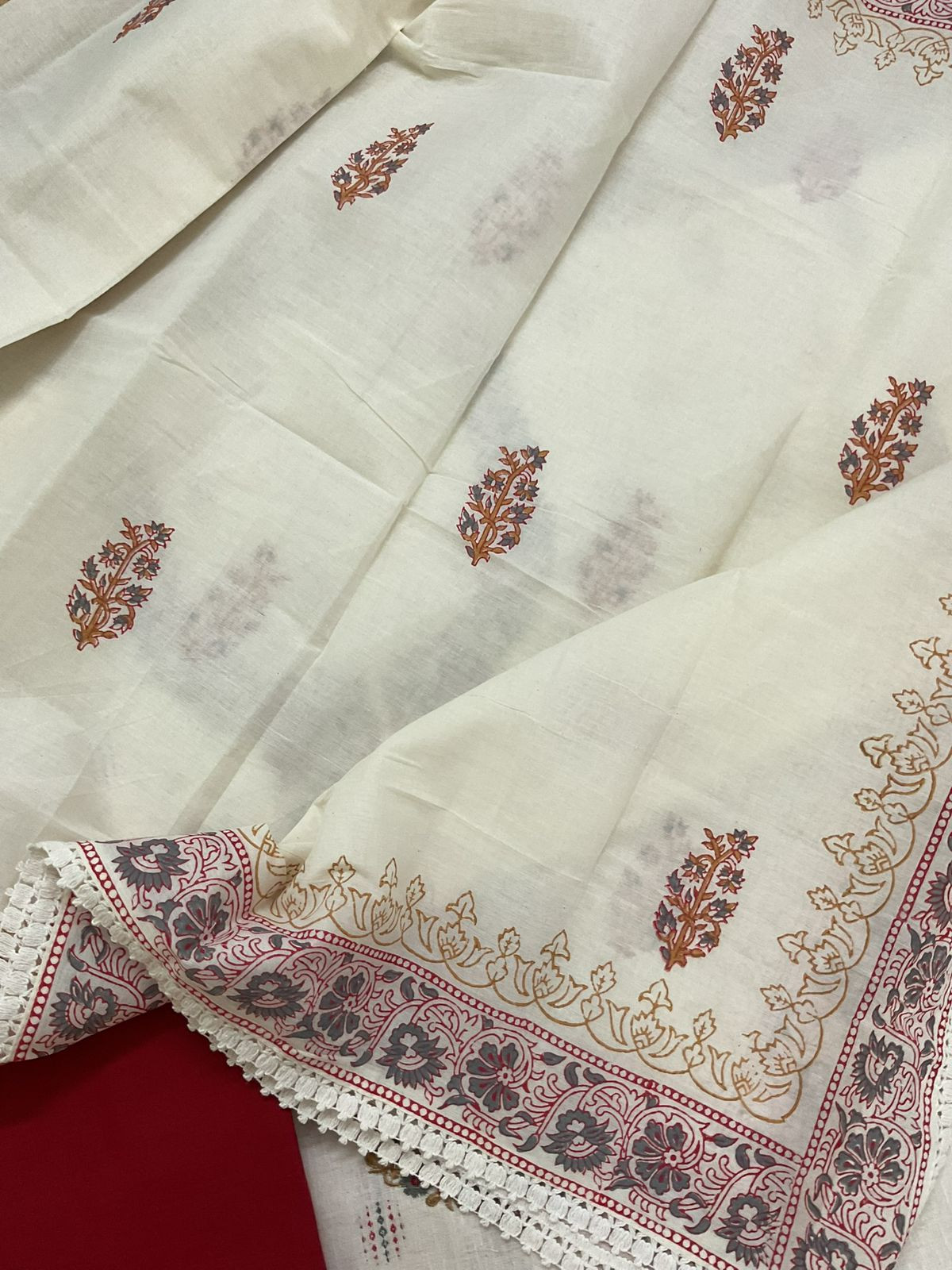 Pure Handloom Cotton Self Weaved Embroidered Suit - Off White