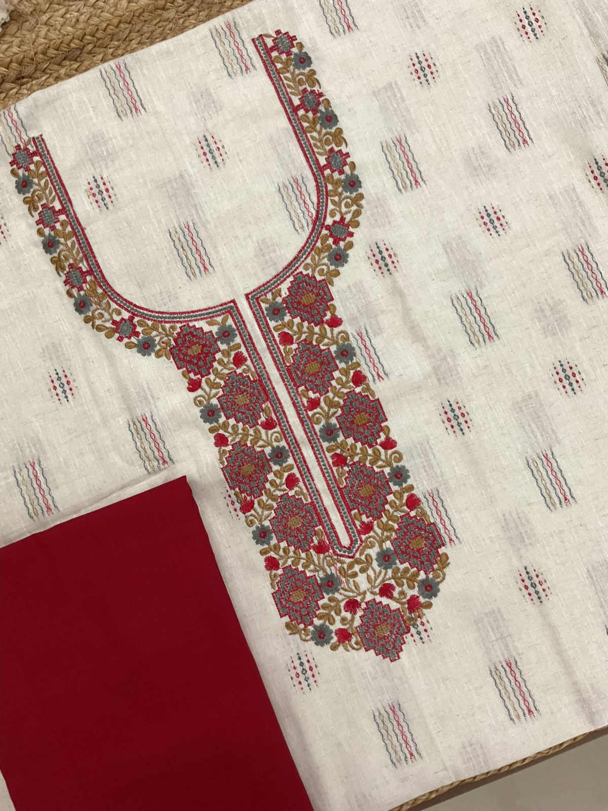 Pure Handloom Cotton Self Weaved Embroidered Suit - Off White