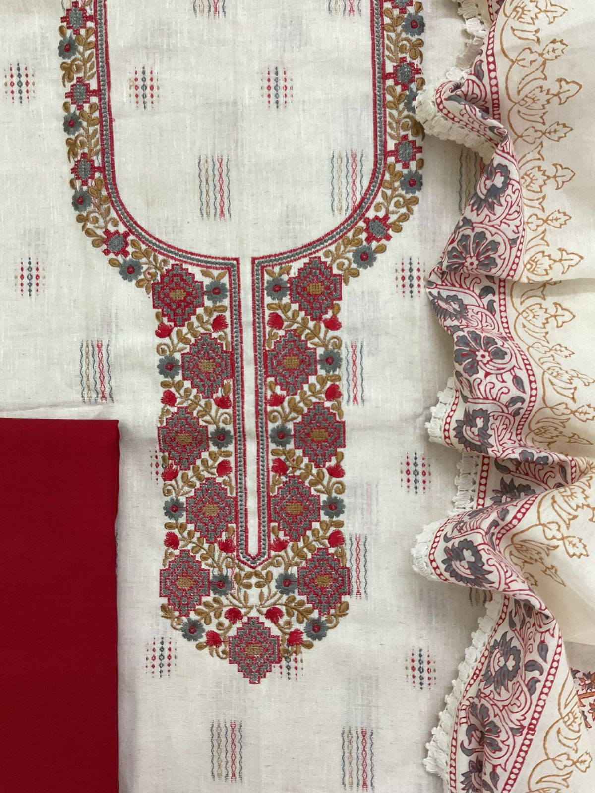 Pure Handloom Cotton Self Weaved Embroidered Suit - Off White