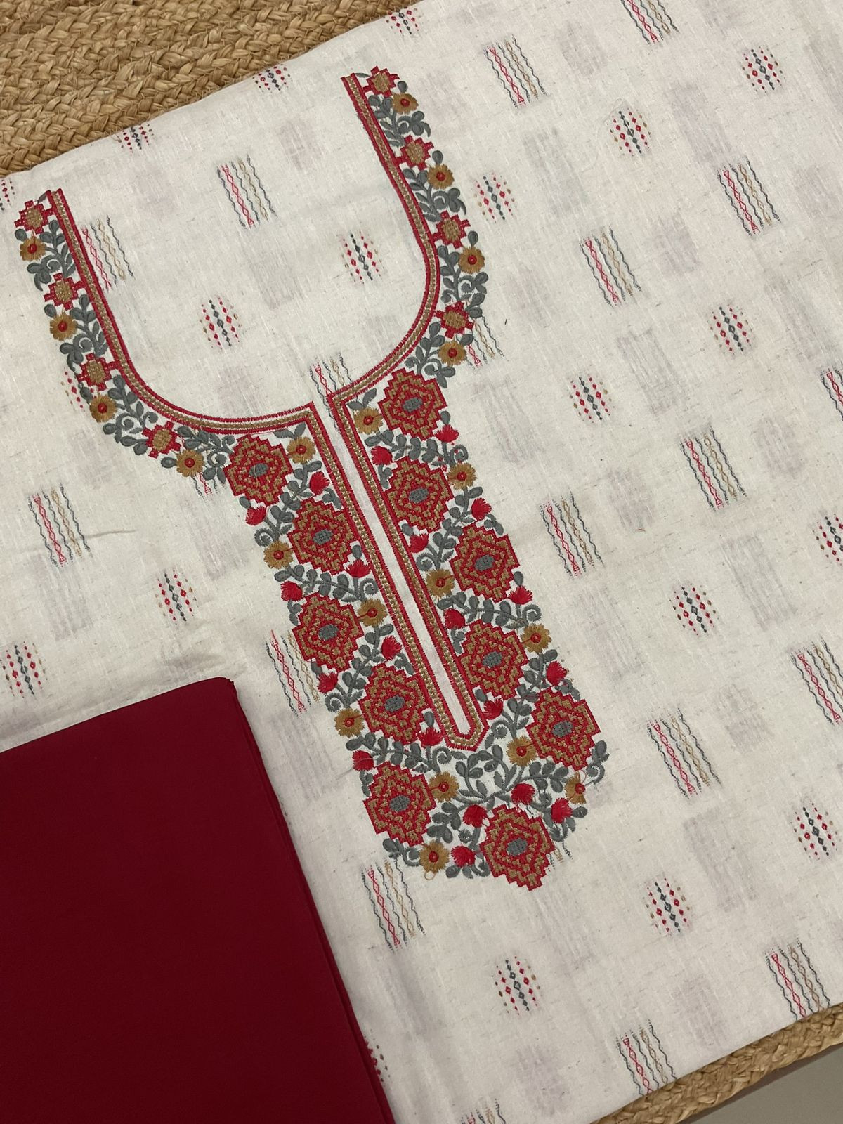 Pure Handloom Cotton Self Weaved Embroidered Suit - Off White