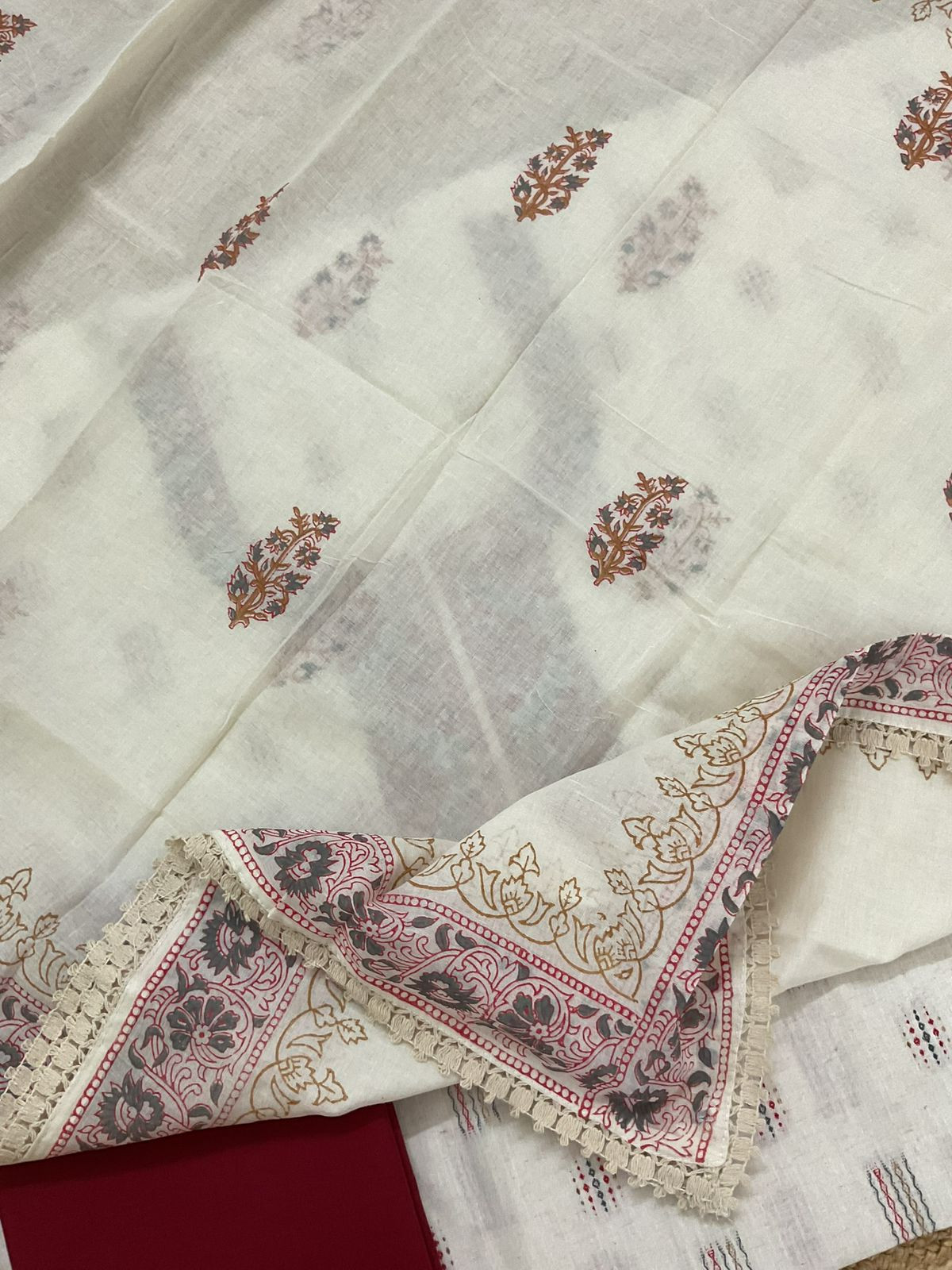 Pure Handloom Cotton Self Weaved Embroidered Suit - Off White