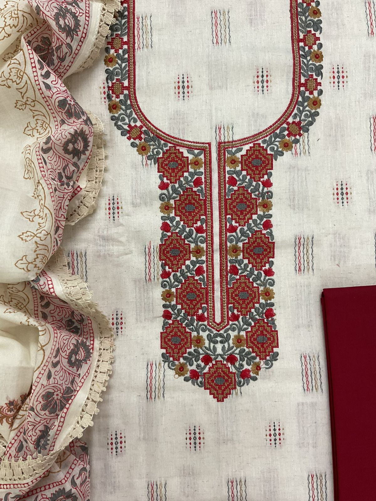 Pure Handloom Cotton Self Weaved Embroidered Suit - Off White