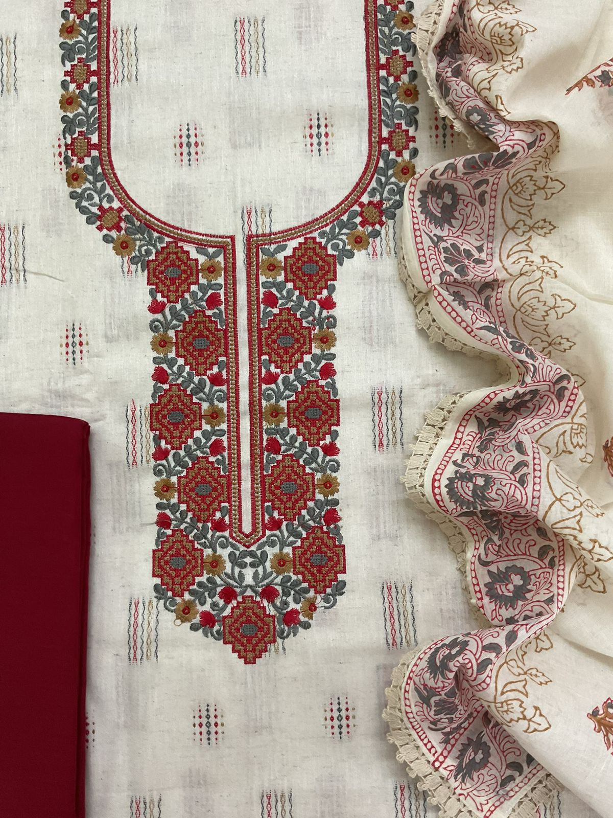 Pure Handloom Cotton Self Weaved Embroidered Suit - Off White