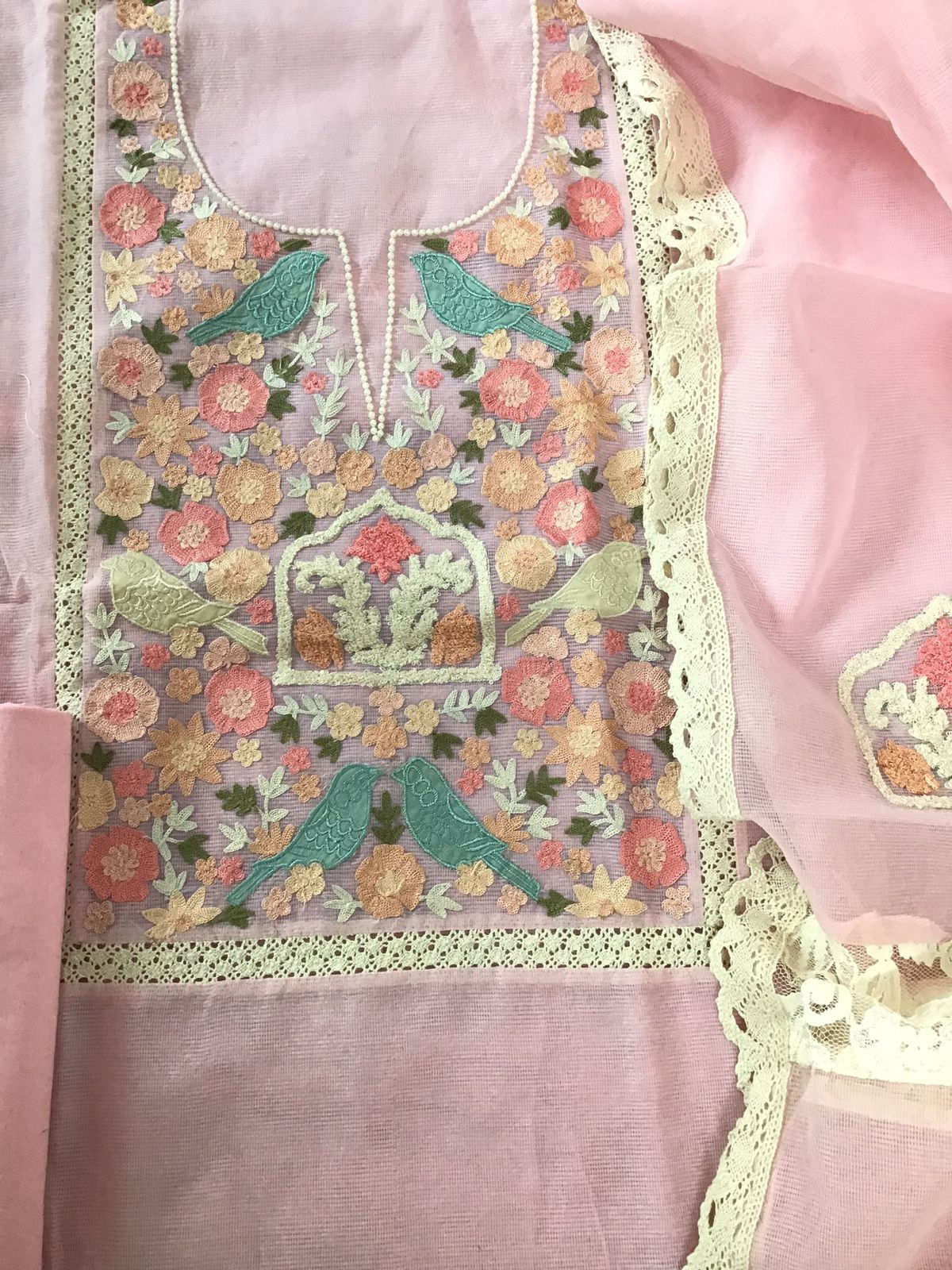 Pure Fine Supernet Embroidered Suit - Pink