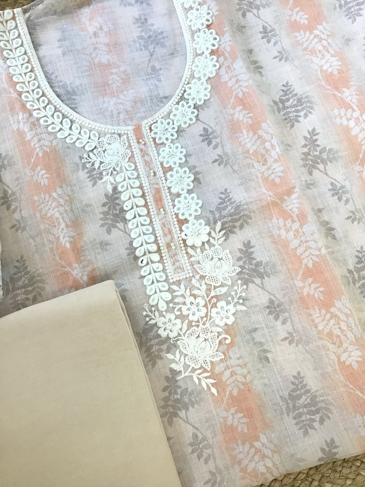 Soft Linen Jute Cotton Printed Embroidered Suit - Peachish Cream