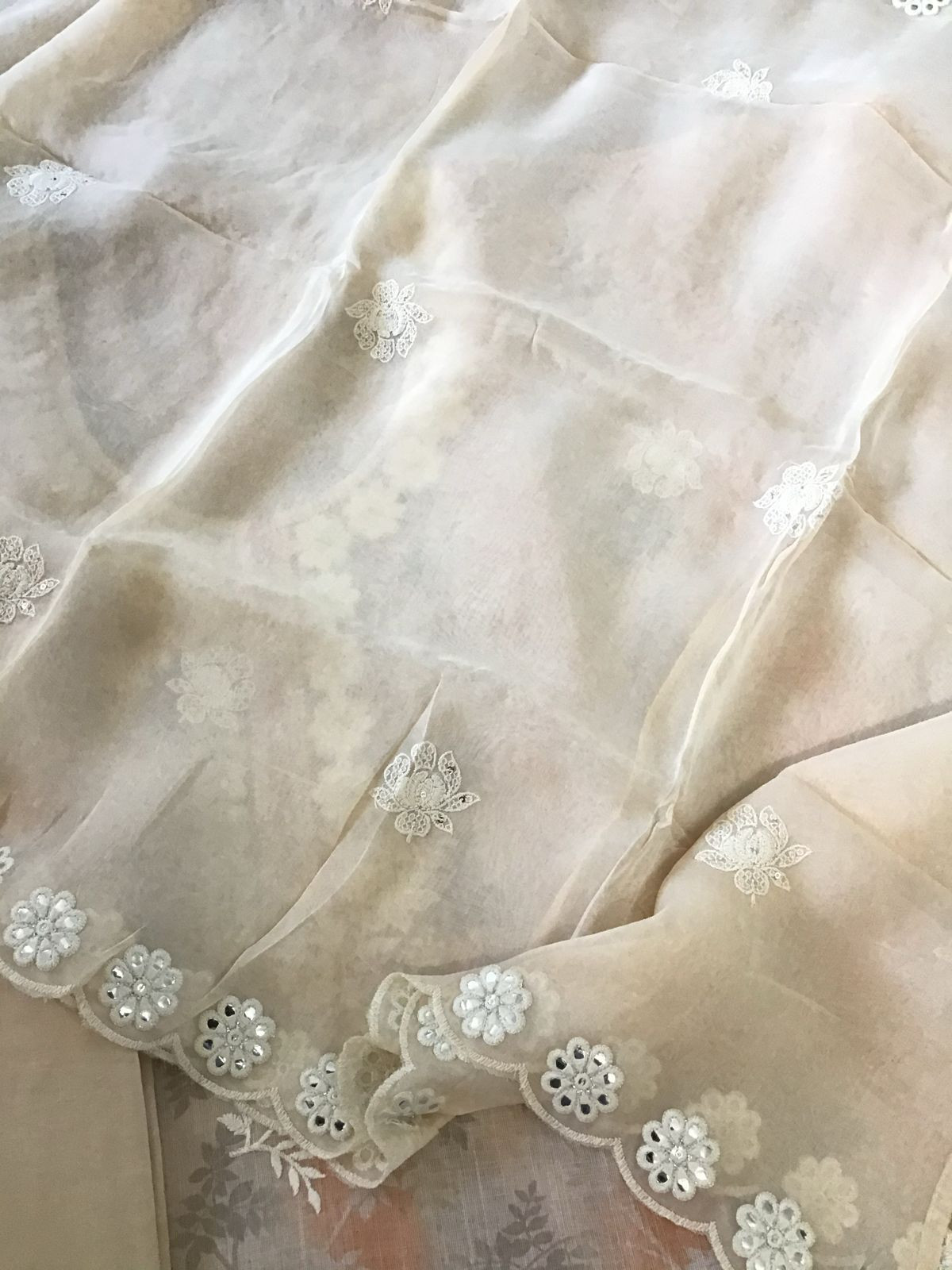 Soft Linen Jute Cotton Printed Embroidered Suit - Peachish Cream