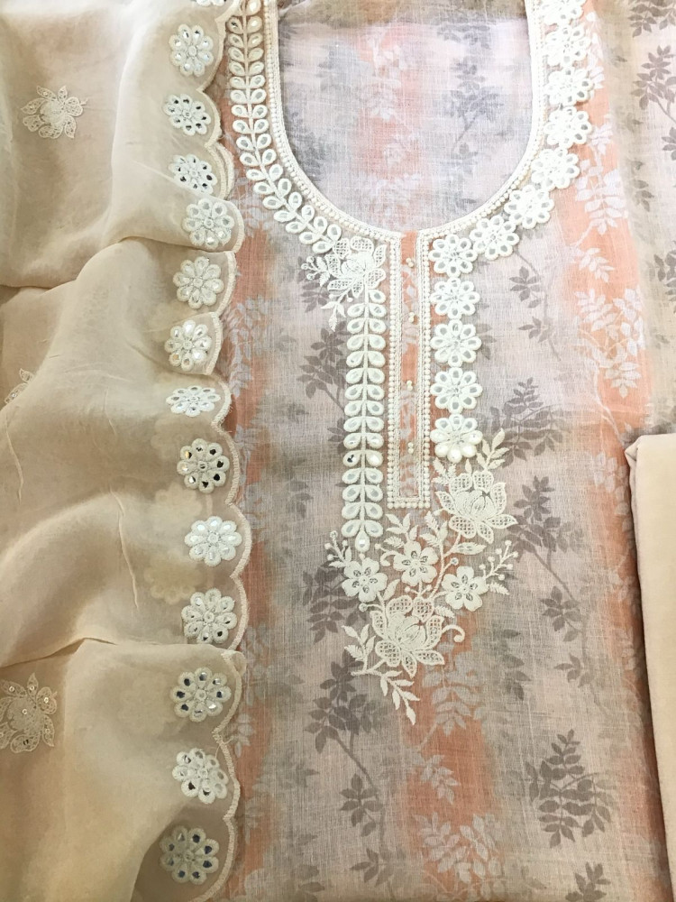 Image of Soft Linen Jute Cotton Printed Embroidered Suit - Peachish Cream