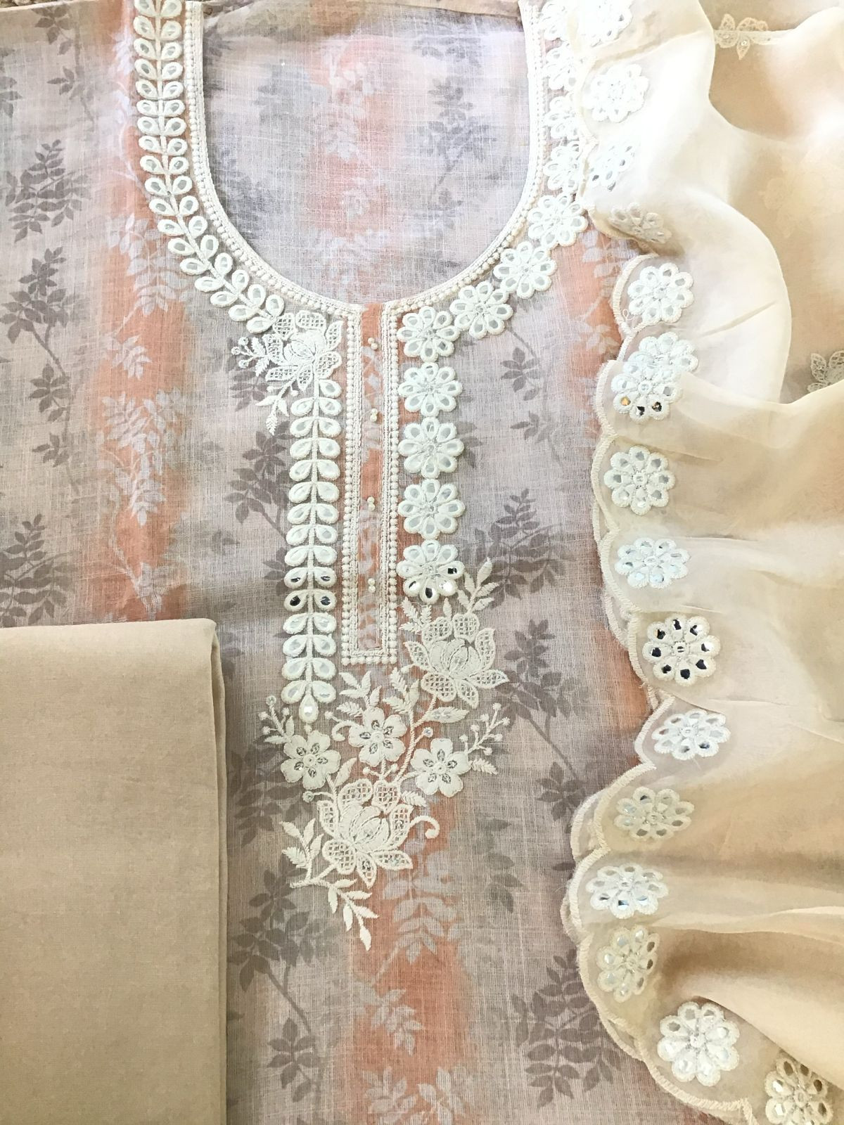 Soft Linen Jute Cotton Printed Embroidered Suit - Peachish Cream
