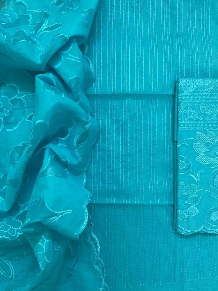 Image of Soft Chanderi Embroidered Suit - Blue