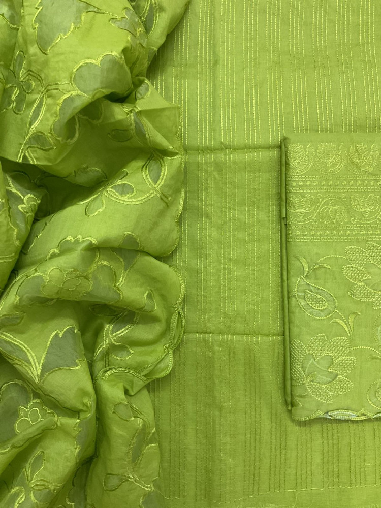 Image of Soft Chanderi Embroidered Suit - Green