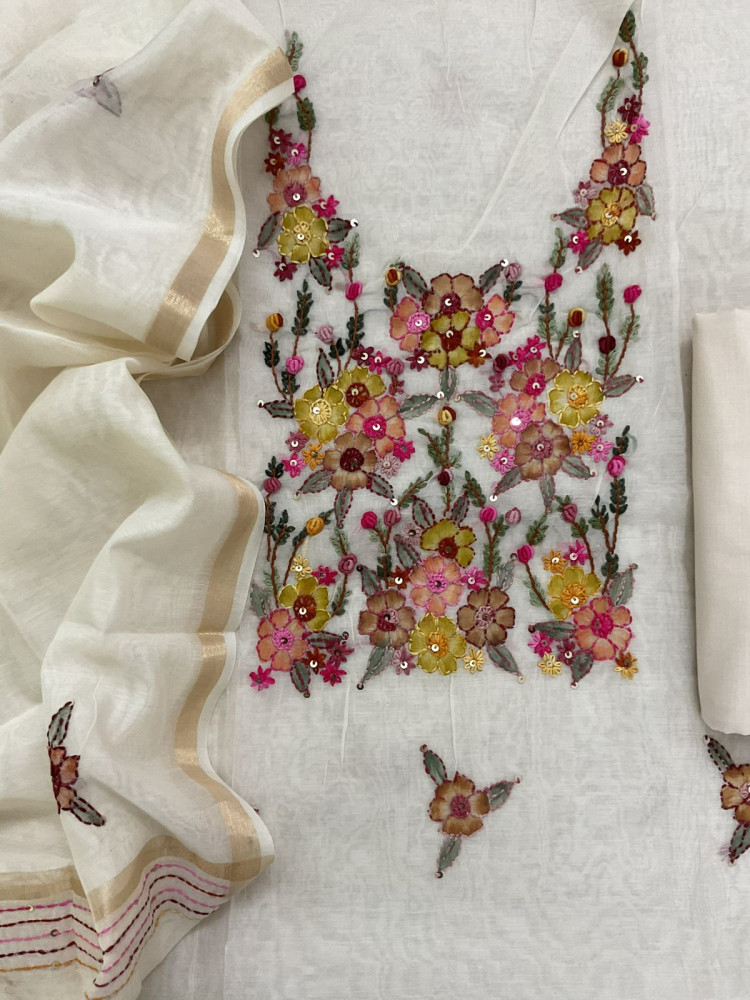 Image of Soft Chanderi Brush Painted Embroidered Suit - Off White