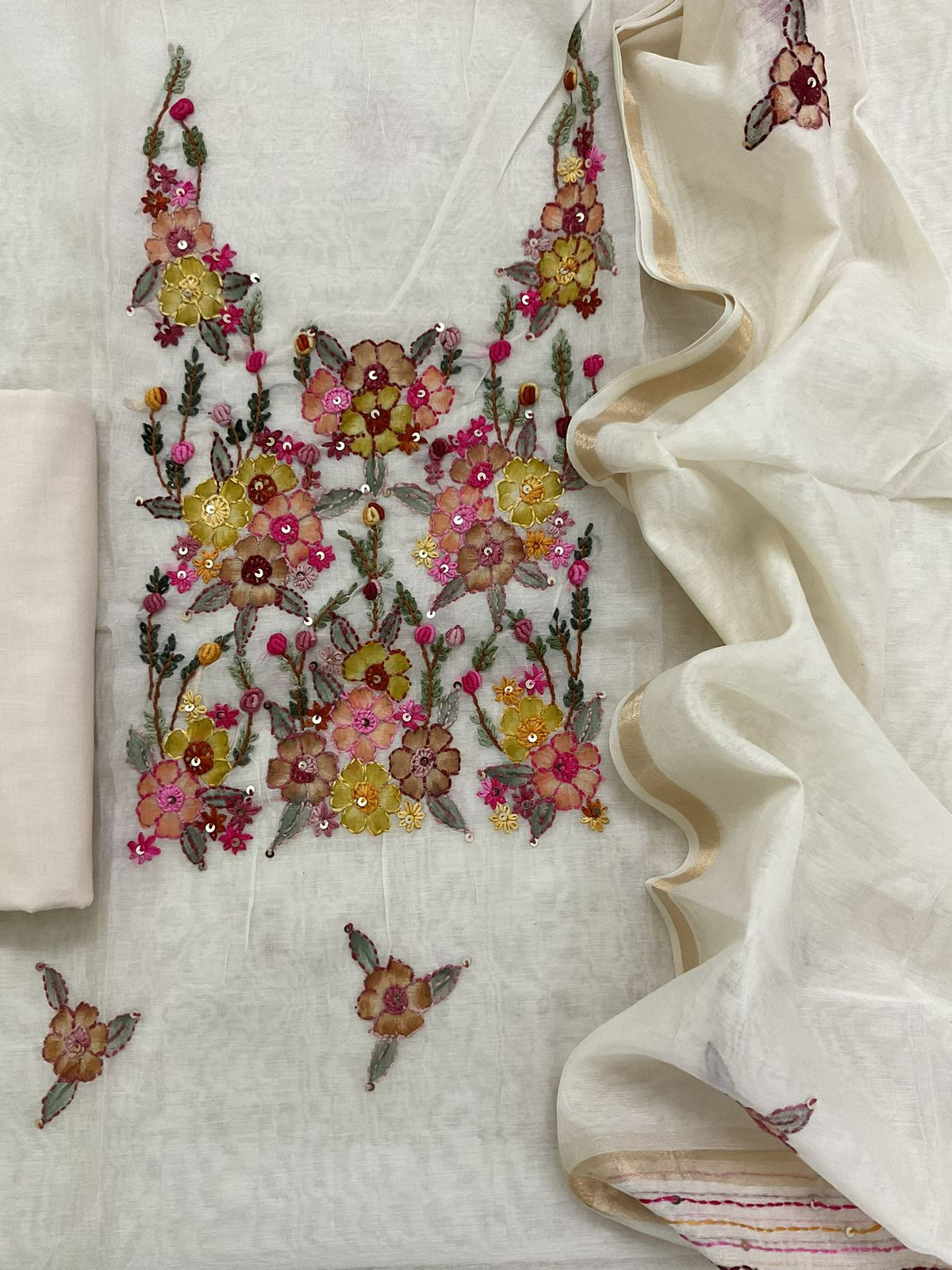 Soft Chanderi Brush Painted Embroidered Suit - Off White