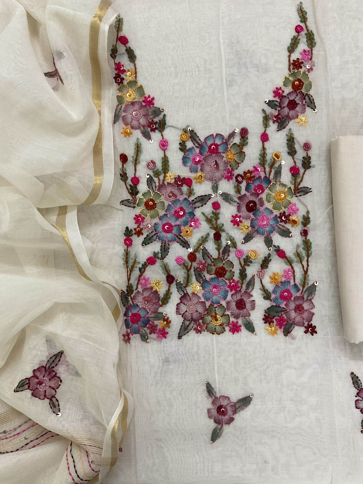 Soft Chanderi Brush Painted Embroidered Suit - Off White