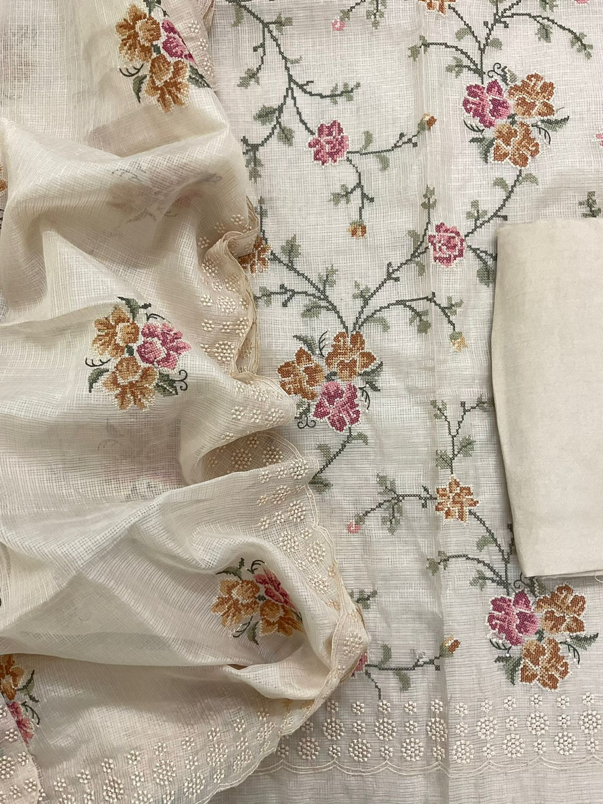 Pure Kota Silk Embroidered Suit - Light Beige