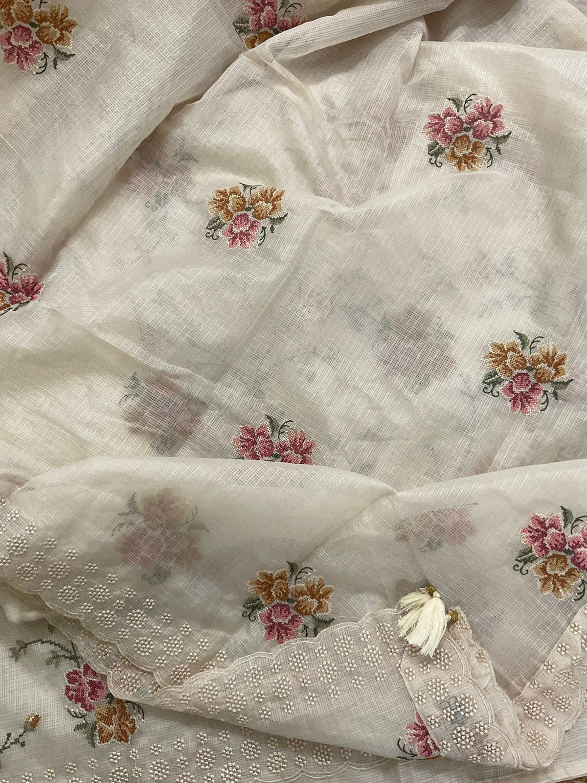 Pure Kota Silk Embroidered Suit - Light Beige