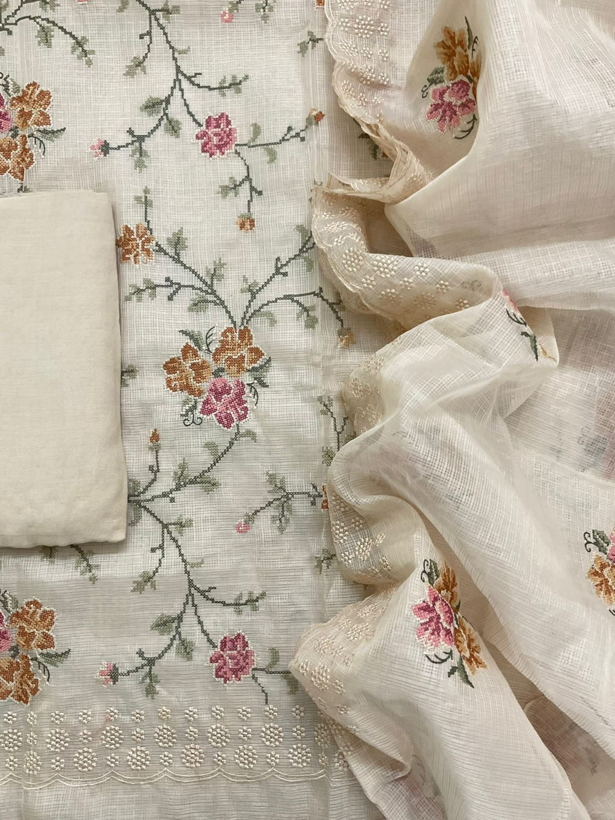 Pure Kota Silk Embroidered Suit - Light Beige