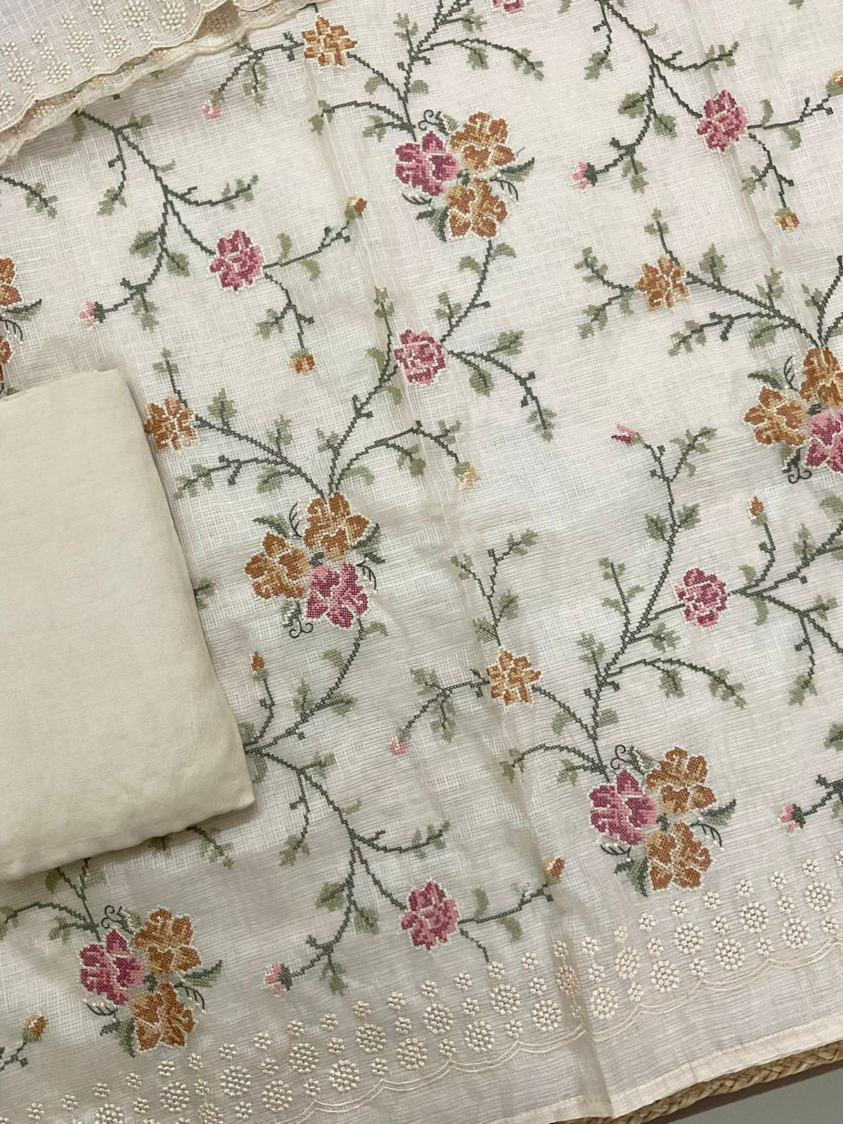 Pure Kota Silk Embroidered Suit - Light Beige